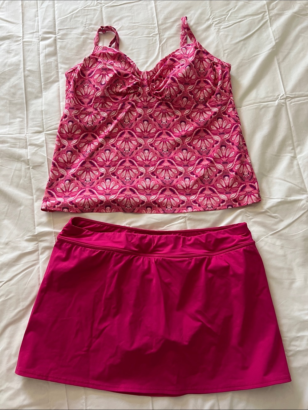 Lands' End Pink Floral Tankini Top with Fuchsia Swim Skirt sz 18